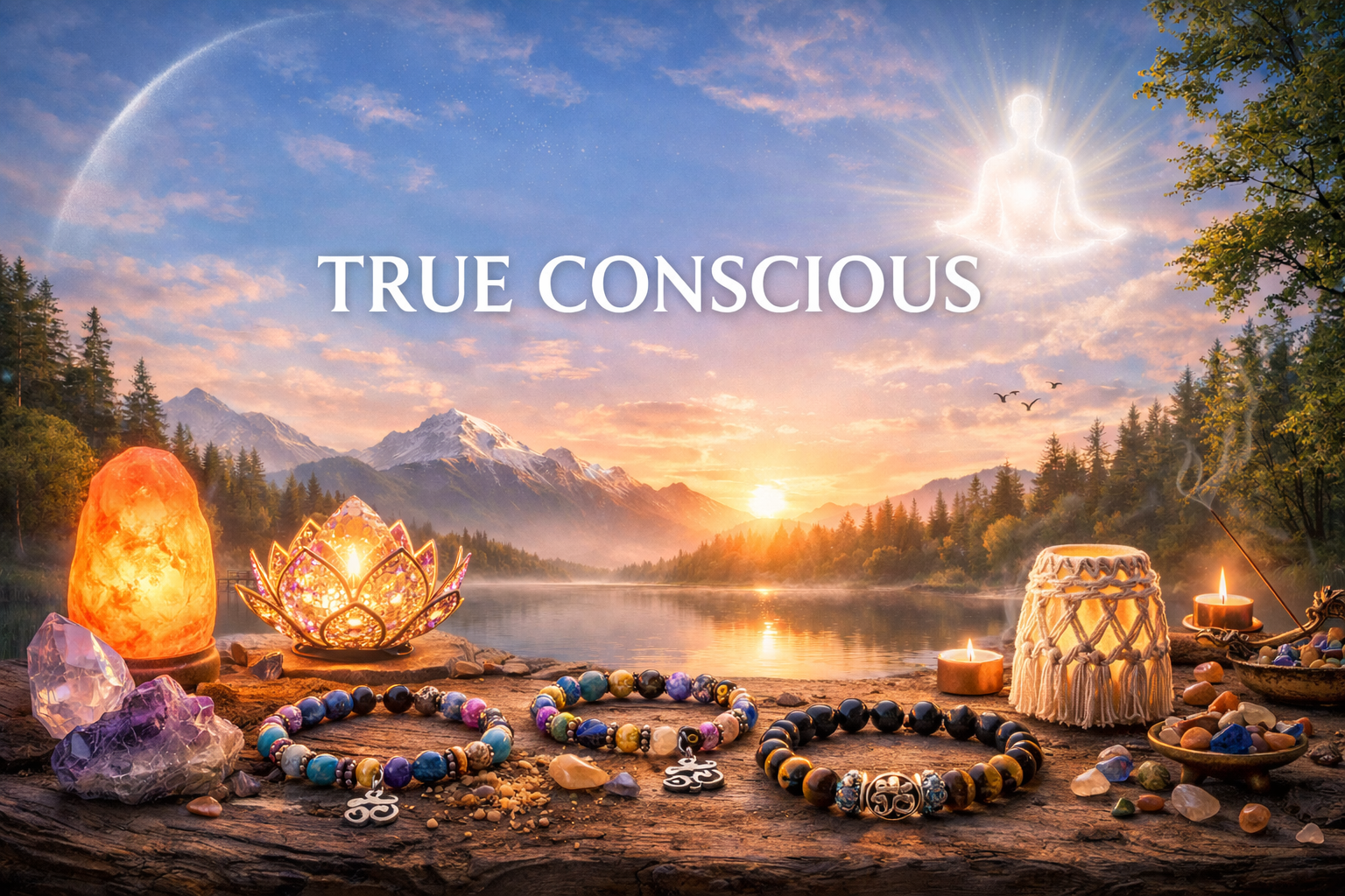 Scenic landscape with mountains, lake, and sunset, featuring 'True Conscious' text and decorative items.